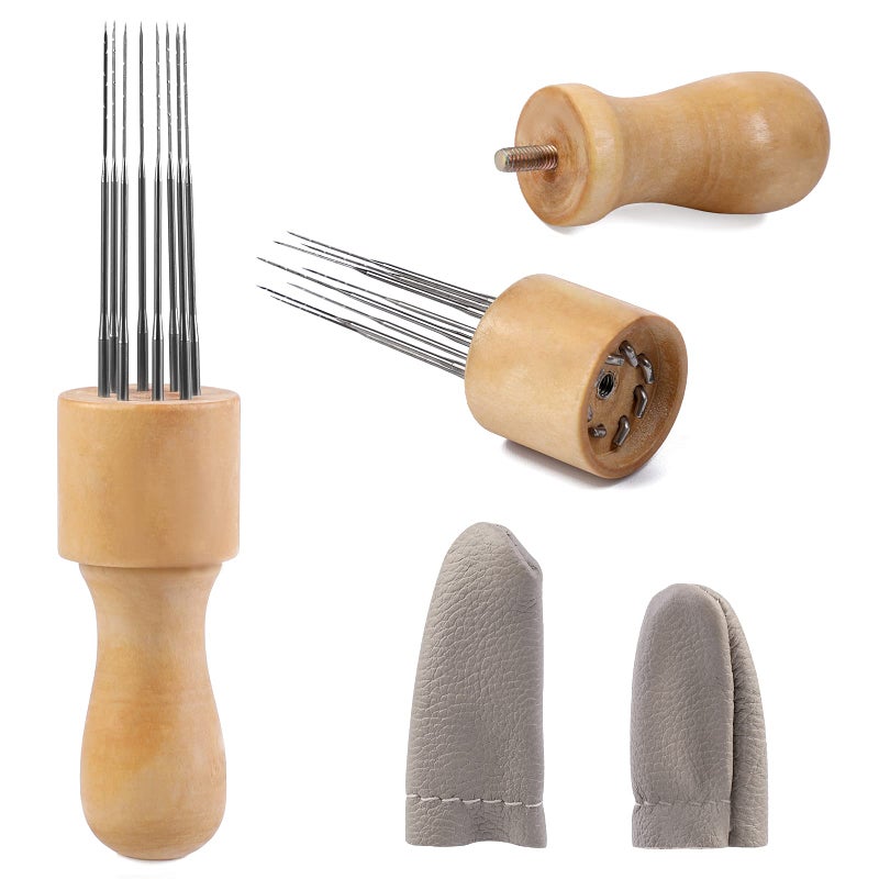Mayboos Felting Needle with Eight Needles Tool,Craft Wool Felt Stitch Punch Tool with Solid Wood Handle Felting Eight Needles Tool with Finger Cots - Image 1
